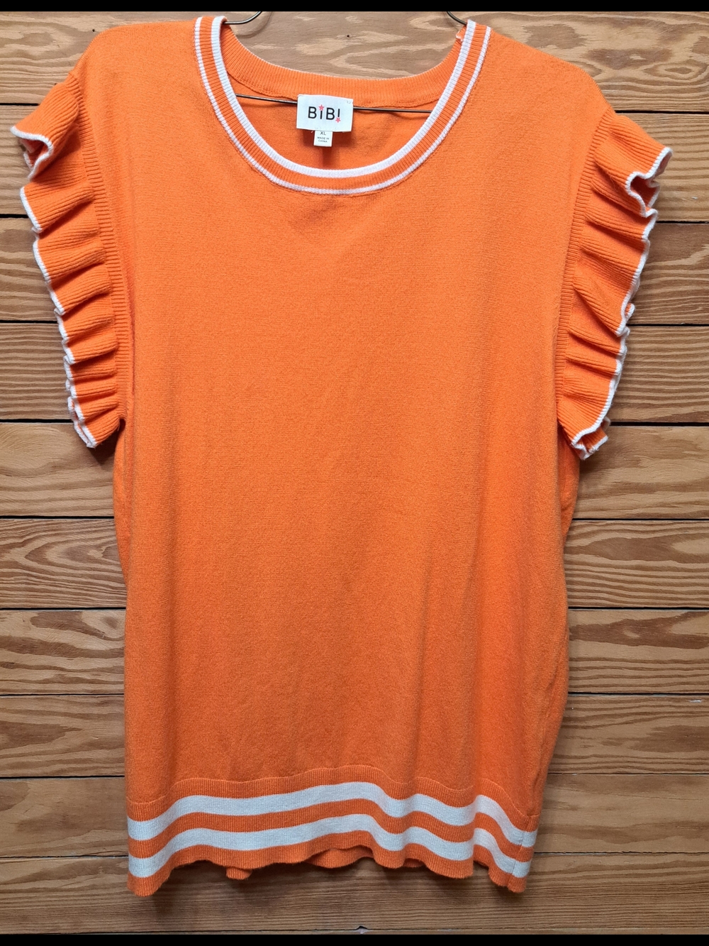 BiBi Tennessee Orange Game Day  Short Sleeve Ruffle Knit Top  White Trim Sz XL
